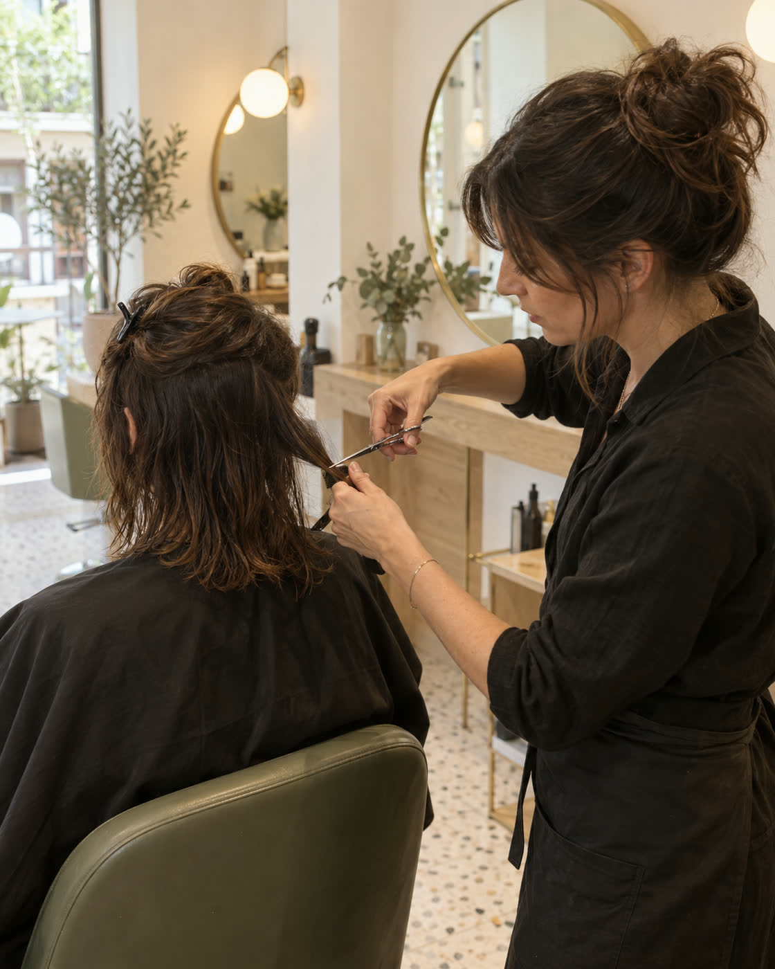 Una estilista corta el pelo a una clienta