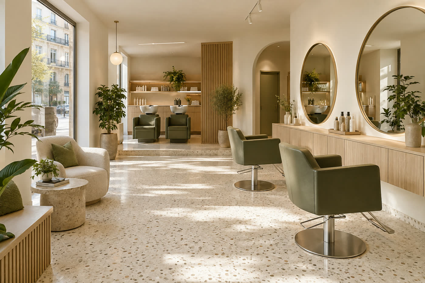 Interior del estudio con espejos redondos y sillones verdes